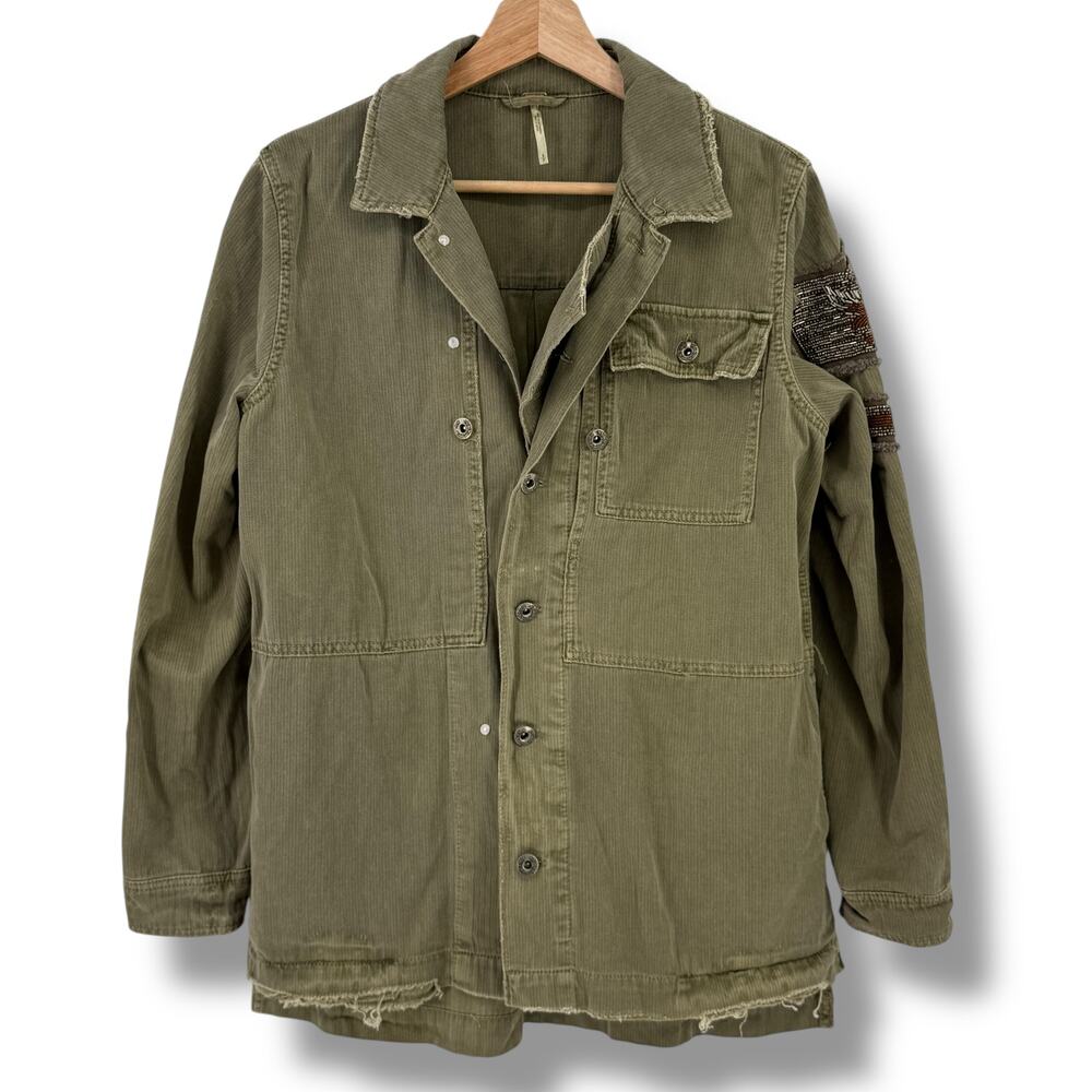 Free People Eagle Embellished Beaded Military Utility Jacket Women's Size Small